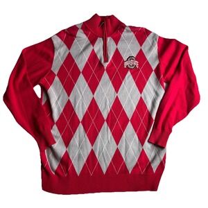 Donegal Bay Ohio State Argyle 1/4 Zip 100% Cotton Sweater L Red Gray College